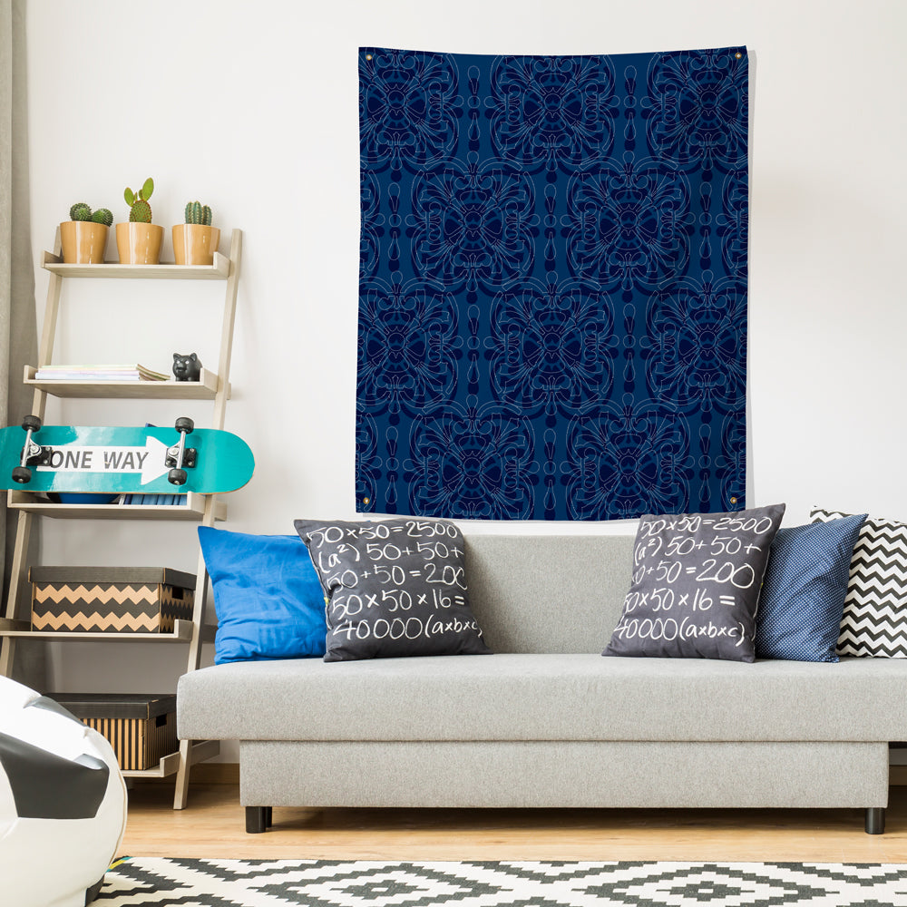 blue bandanna indigo wall decor tapestry over couch 